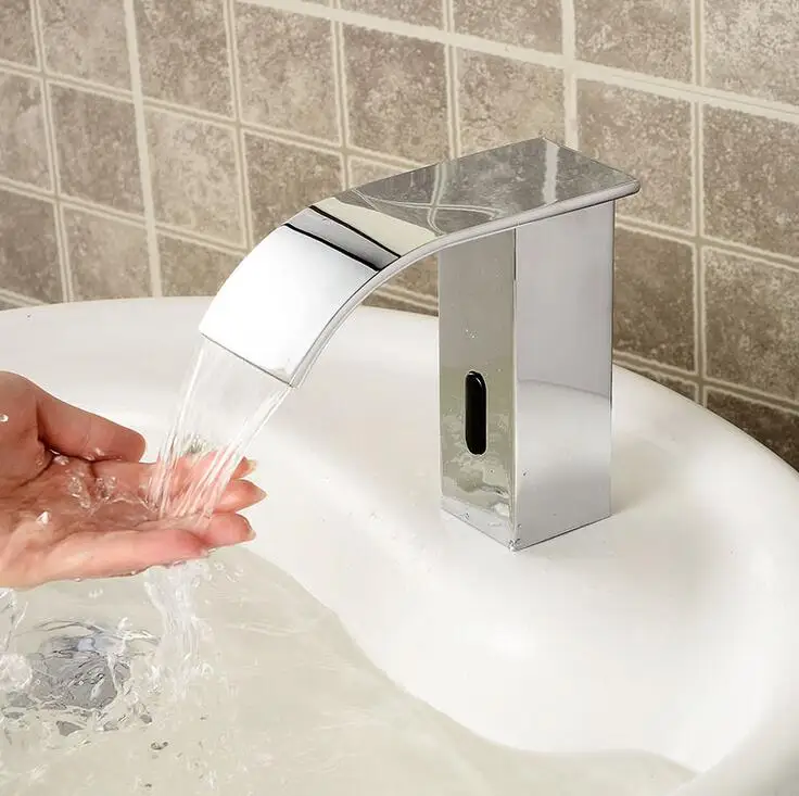 Chrome Plated infrared sense faucet brass Bathroom single hole wash basin Copper sink waterfall | Обустройство дома