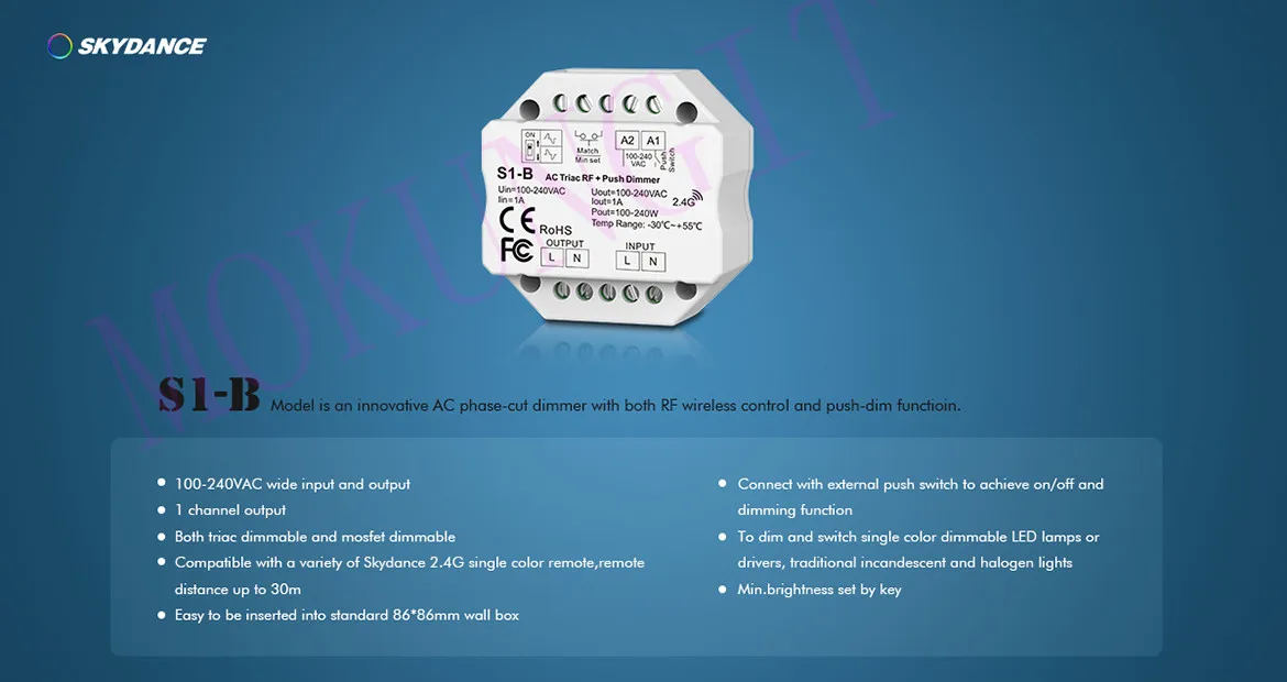 1CH* 1A RF+ Push AC фазовый диммер S1-B контроллер светодиодный симисторный диммер контроллер 2,4 ГГц RF беспроводной пульт дистанционного управления 1A кнопочный диммер