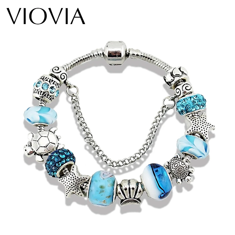 Женский браслет с подвесками в виде морской звезды синий цвет|charm bracelet|bracelet