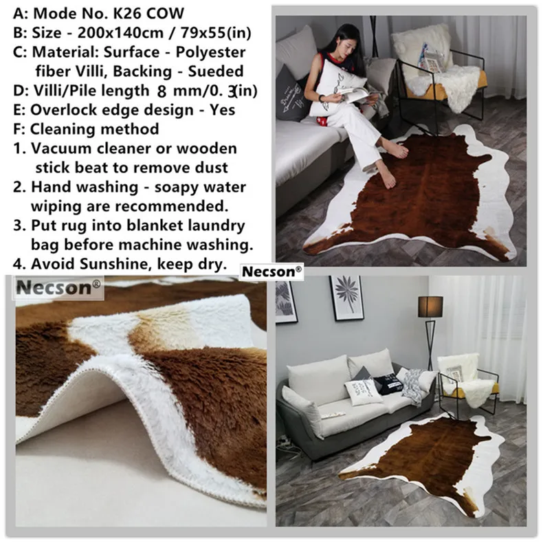 K26browncow200x140cm Ковер из воловьей кожи с полосками зебры белый тигр леопард искусственный мех ворсинки черный медведь коврик овца Подушка коричневый ворс пальто Прямая поставка - Цвет: K26browncow200x140cm
