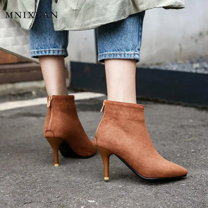 

MNIXUAN Autumn winter women shoes ankle boots black high heels new arrival suede pointed toe thin fashion zipper boot big size42