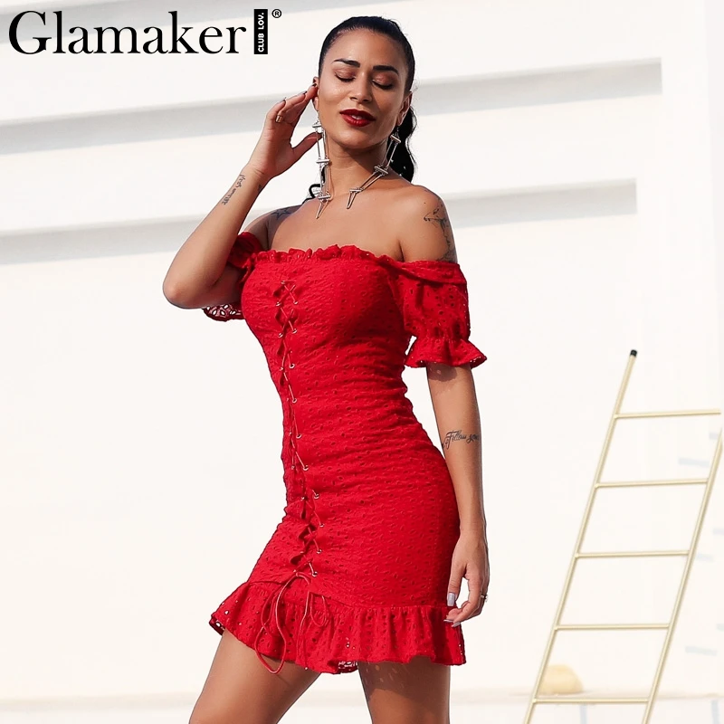 Женское облегающее мини платье Glamaker красное Клубное в горошек с оборками и