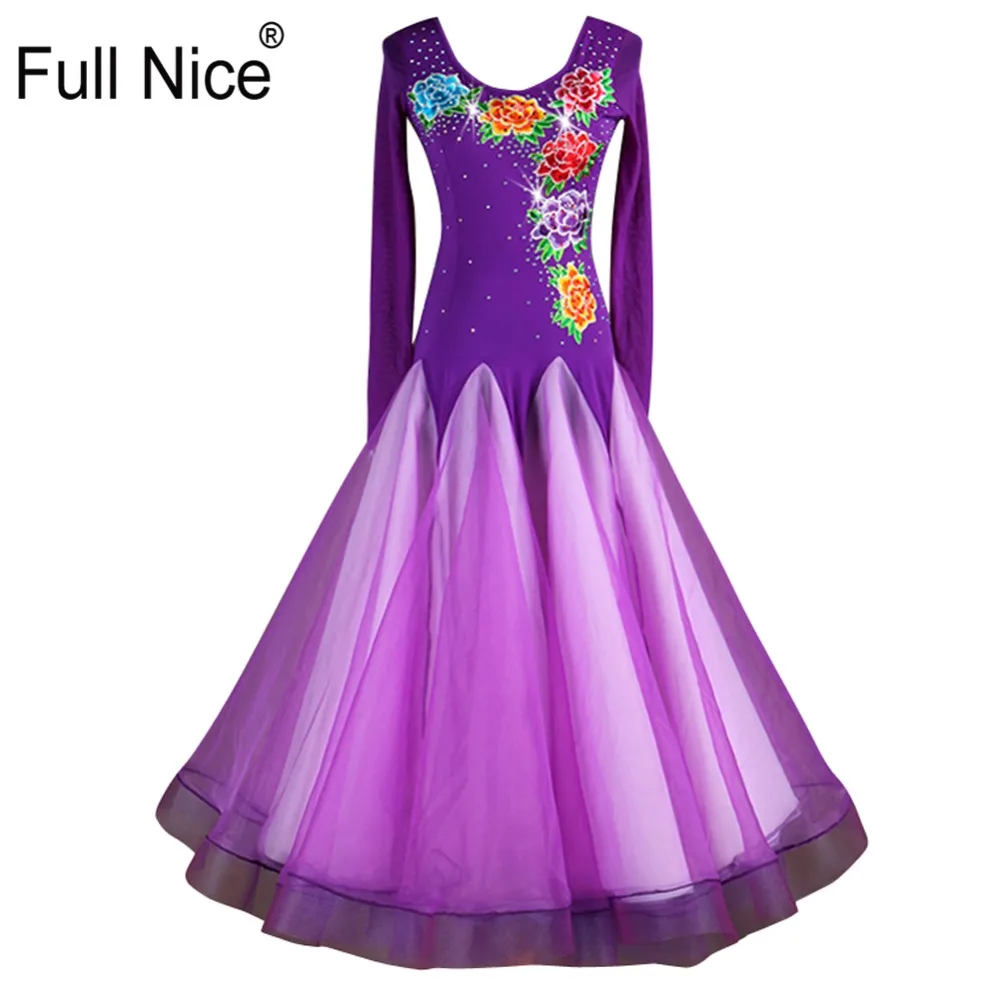 

Women Girl Ballroom Dance Purple Long Sleeve Embroidery Modern dance one piece Waltz dress Flamenco Rumba Samba Practice