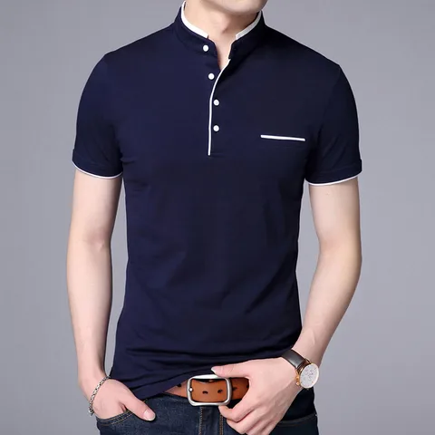 Мужская приталенная рубашка-поло, повседневная брендовая дизайнерская Однотонная рубашка-поло с воротником-стойкой и короткими рукавами, 2023