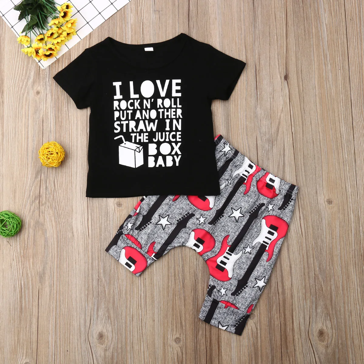 2019 Baby Summer Clothing Toddler Kid Boys Fashion Letter Tops T Shirt Tee Guitar Print Pants Tracksuit Outfit Set 1-4Y |