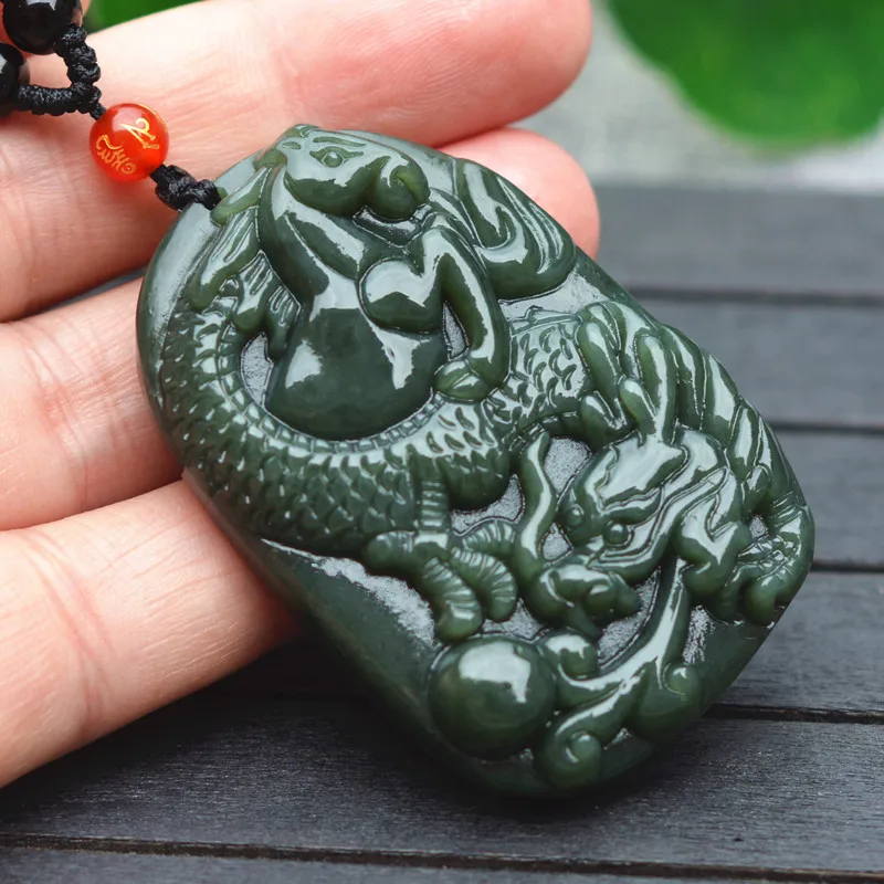 Натуральный темно зеленый Подвеска HETIAN Nephrite резной китайский дракон дух коня