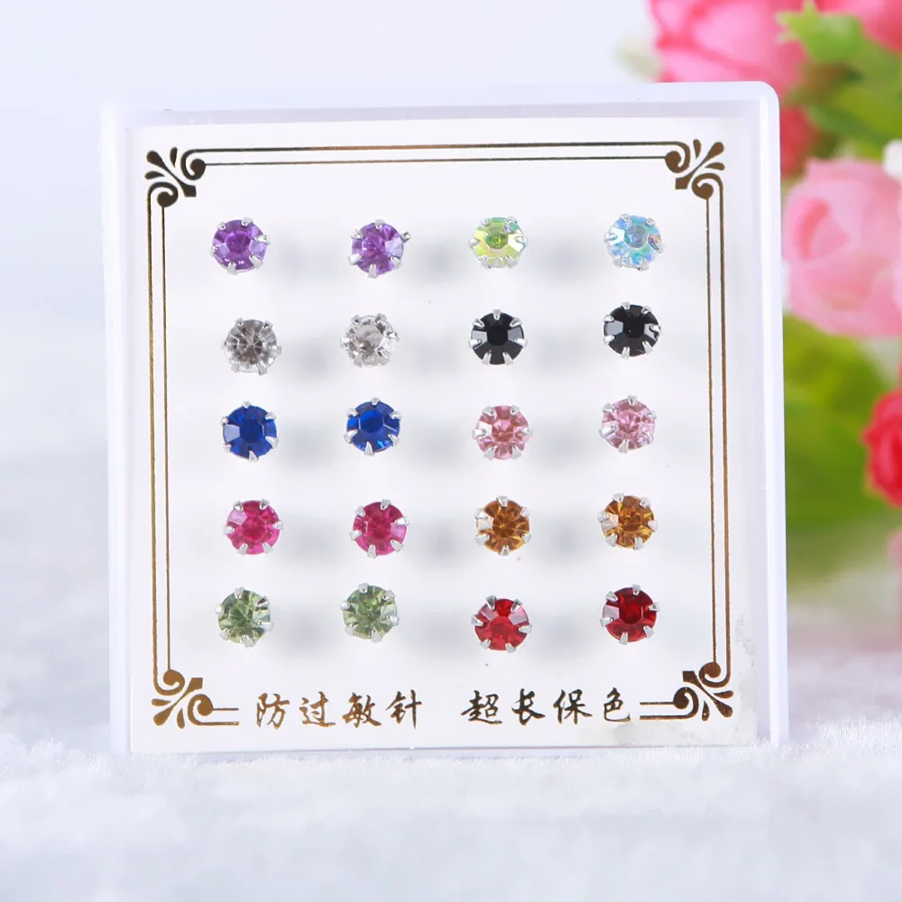 10 пар посеребренные серьги-гвоздики наборы Красочные Кристальные серьги со