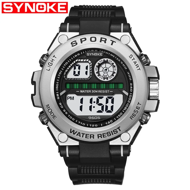 Sliver SYNOKE модные мужские часы для студентов, для мальчиков, цифровые часы, модные спортивные многофункциональные детские водонепроницаемые наручные часы, мужские часы - Цвет: Sliver