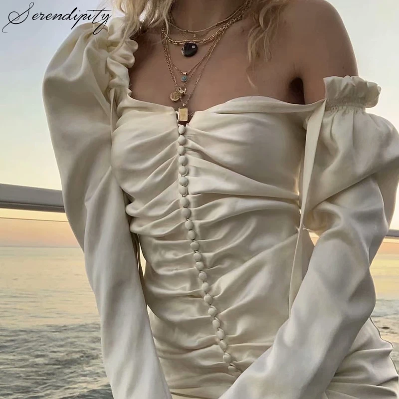 SRDP Off shoulder puff sleeve summer mini white dress Women elegant shir party short Female streetwear buttons | Женская одежда