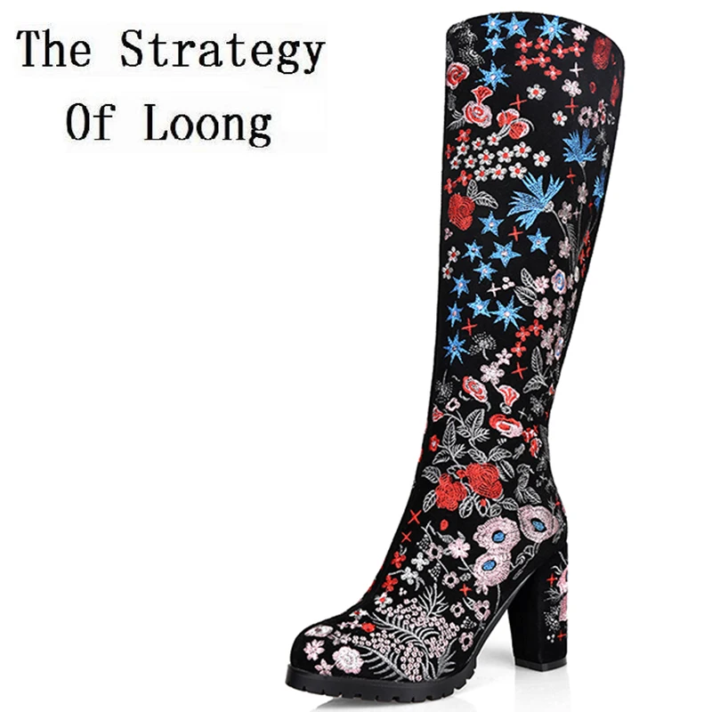 С вышивкой в традиционном китайском стиле Стиль женские сапоги до колена Высокие