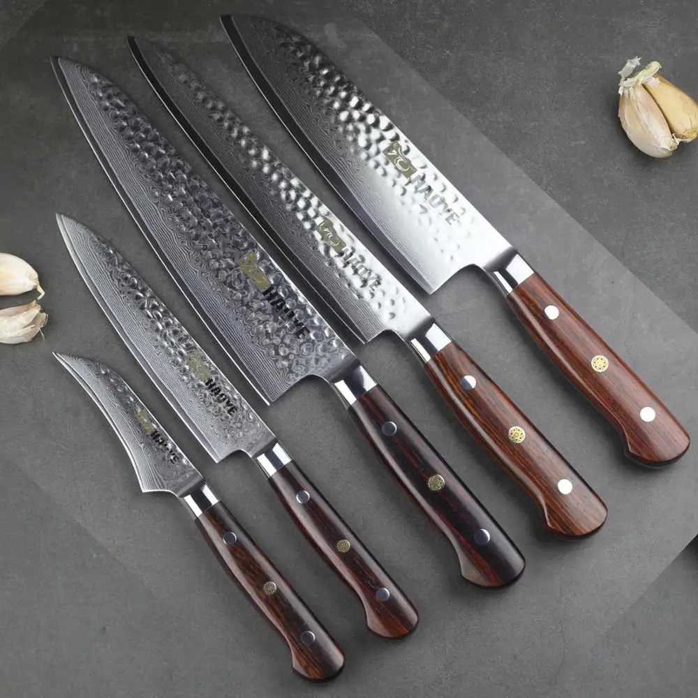 HAOYE 5 шт Дамасские кухонные ножи Повара Набор ножей с ручкой из палисандра три заклепки fulltang классический кухонный инструмент столовые приборы подарок
