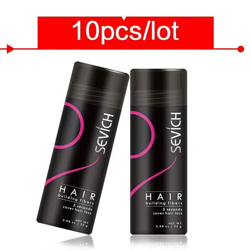 Sevich-fibras de construcción para el cabello, aplicador de polvo de Color para estilismo, queratina, adelgazamiento del cabello, pérdida de cabello, 25g, 10 unids/lote