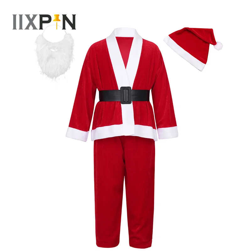 Купи Kids Boys Christmas clothes Santa Cosplay Costume Outfit Long Sleeves Tops with Hat Beard Trousers Belt Set Xmas Kids Dress Up за 627 рублей в магазине AliExpress