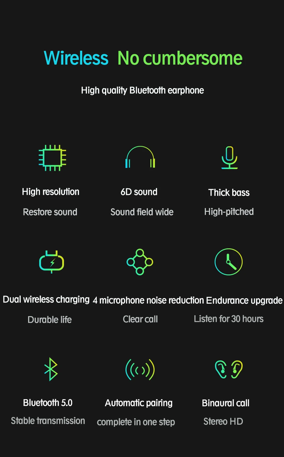 Настоящие беспроводные Bluetooth наушники с глубоким басом, Hi-Fi, стерео, с шумоподавлением, беспроводные наушники с портативной беспроводной зарядной коробкой