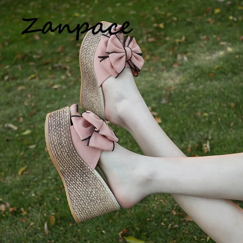 Шлепанцы женские из флока высокий каблук 9 см сланцы сандалии на танкетке с