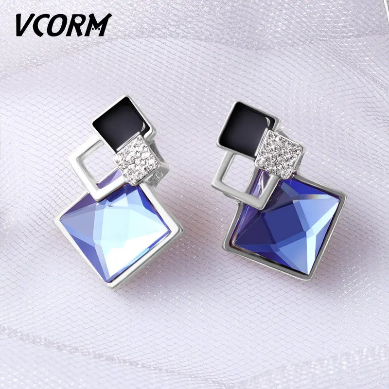 Silver Blue VCORM новые корейские модные длинные висячие серьги с кристаллами для женщин массивные классические геометрические висячие серьги хорошее ювелирное изделие подарок - Окраска металла: Silver Blue