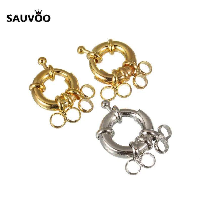 

SAUVOO 10pcs/lot Rhodium Gold Color Round Copper Spring Clasps For Necklace Bracelet Connectors Clasps With 2 Loop DIY Findings