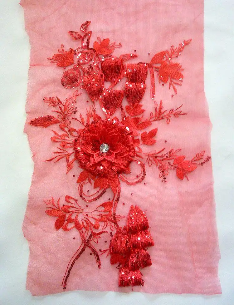 

26*43cm 3D red sequined flower embroidery & paillette on red mesh patch applique for wedding dress, clothes decoration DIY