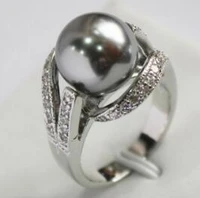 free shipping ladys new design jewelry silver plated with crystal decorated 12mm gray shell pearl ring7 8 9