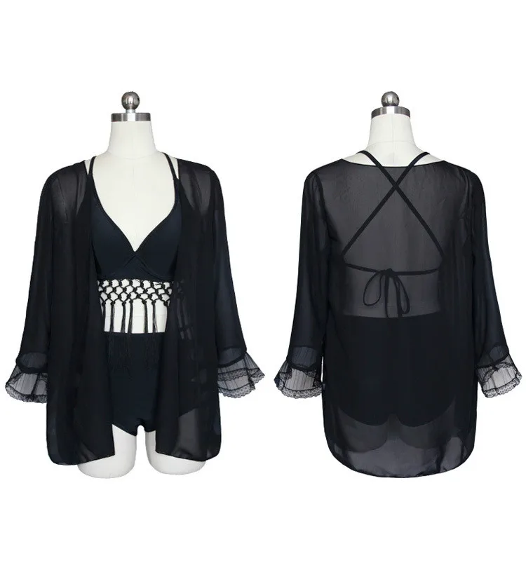 Высокая талия Купальник черный бикини 2017 с бахромой Push Up Купальники для малышек