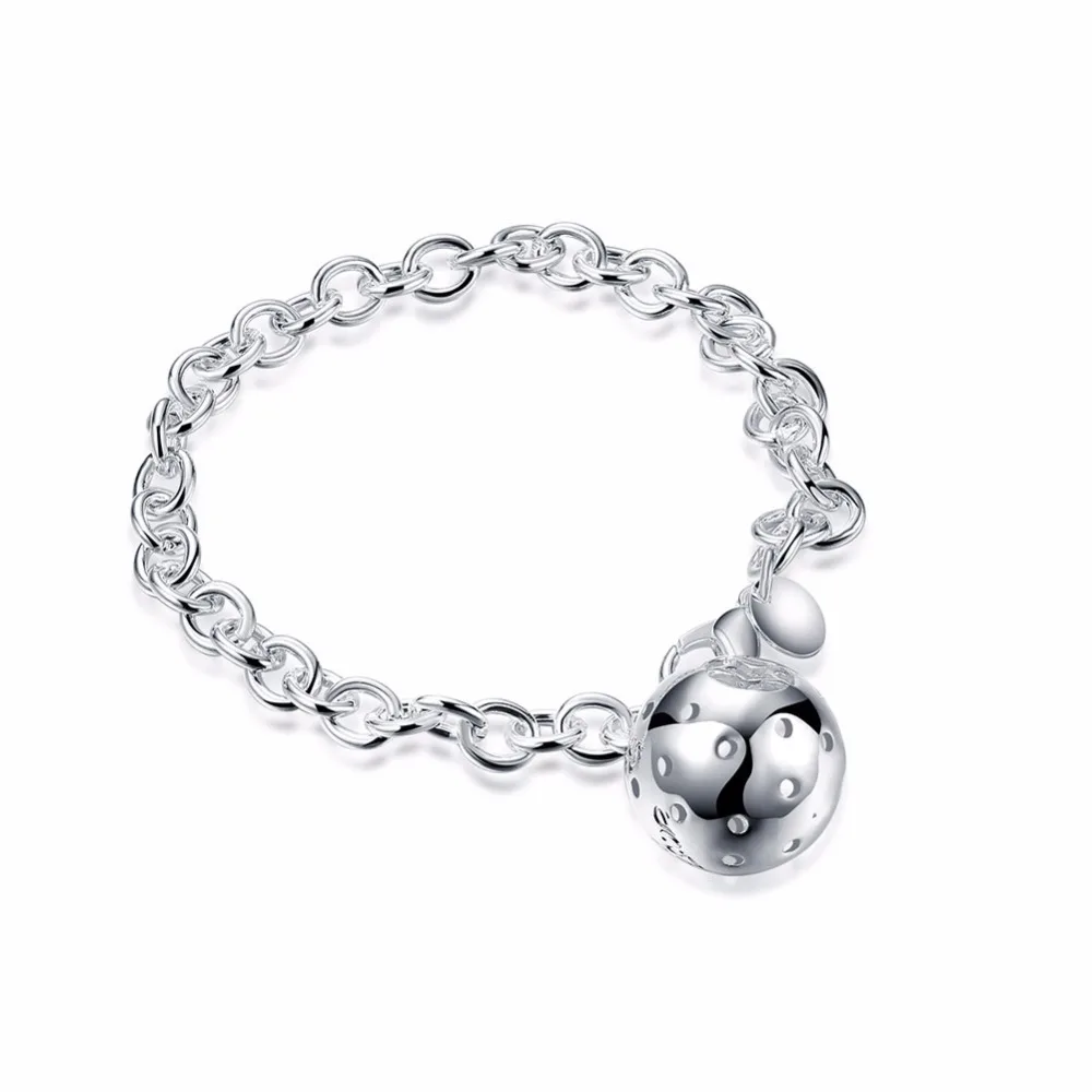 

Woman's Fine Jewelry 19cm Bracelet 925 stamp silver color Hollow Ball Charm 5mm Link Chain Bracelet Bangle Pulseira De Prata