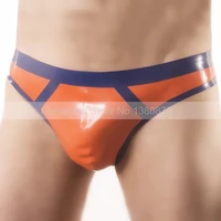 sexy rubber male latex thongs t back briefs men shorts orange and dark blue trims supply plus size customized s lpm050