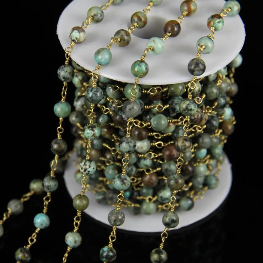 

6mm,Smooth Africa Turquoises Beads Chains Pendants Bracelets,Round Shape Wire Wrapped Golden Links Rosary Chains Jewelry Bulk