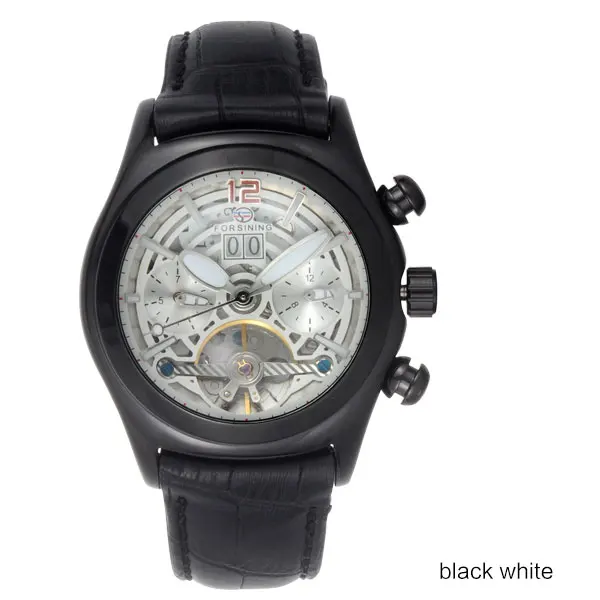 BlackWhite Forsining выпуклая стеклянная стильная Tourbillion 3D дизайнерская Натуральная кожа ремешок мужские часы лучший бренд класса люкс автоматические часы - Цвет: BlackWhite