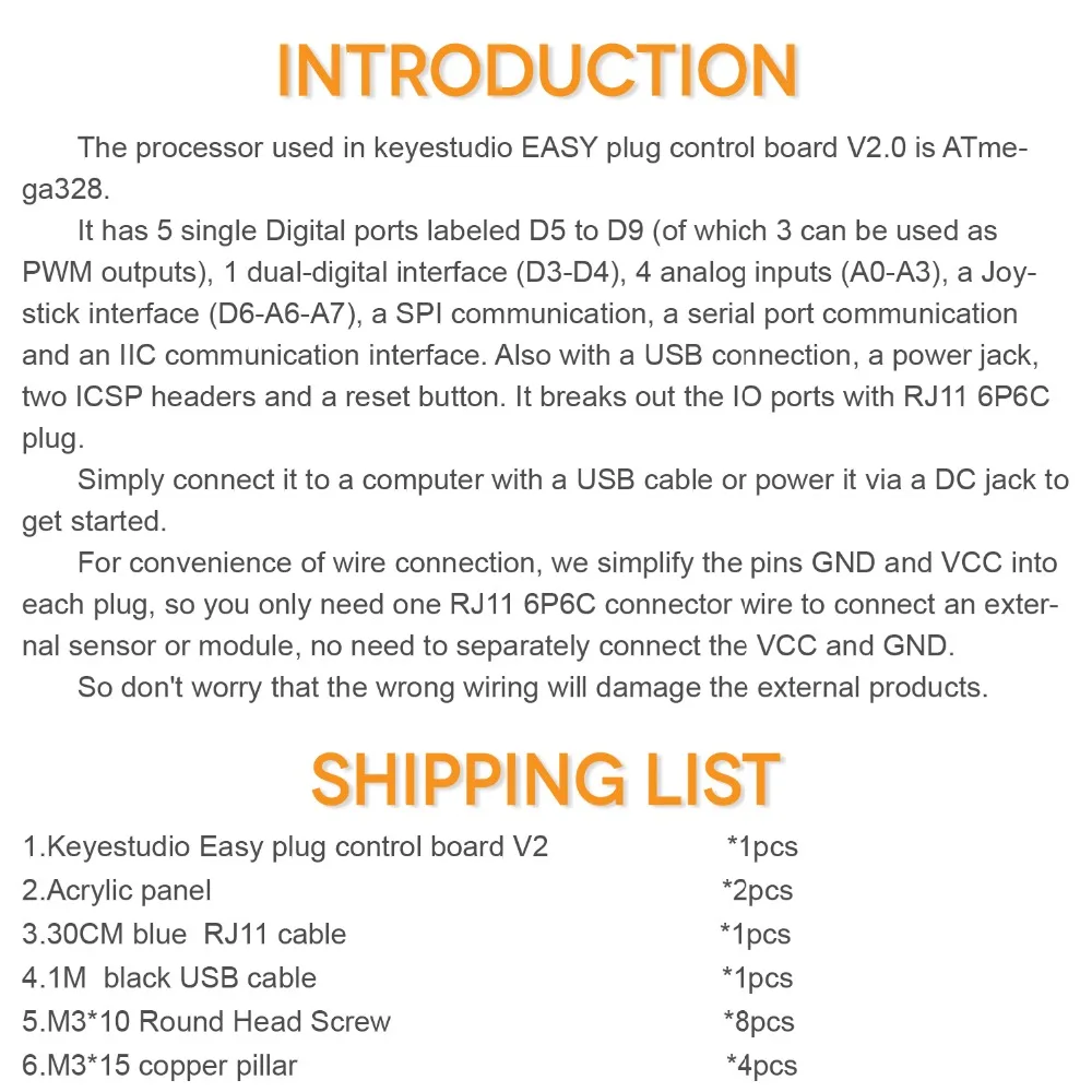 Новинка! Keyestudio RJ11 EASY Plug главная плата управления обновления V2.0 контроллер+ USB кабель для Arduino пара