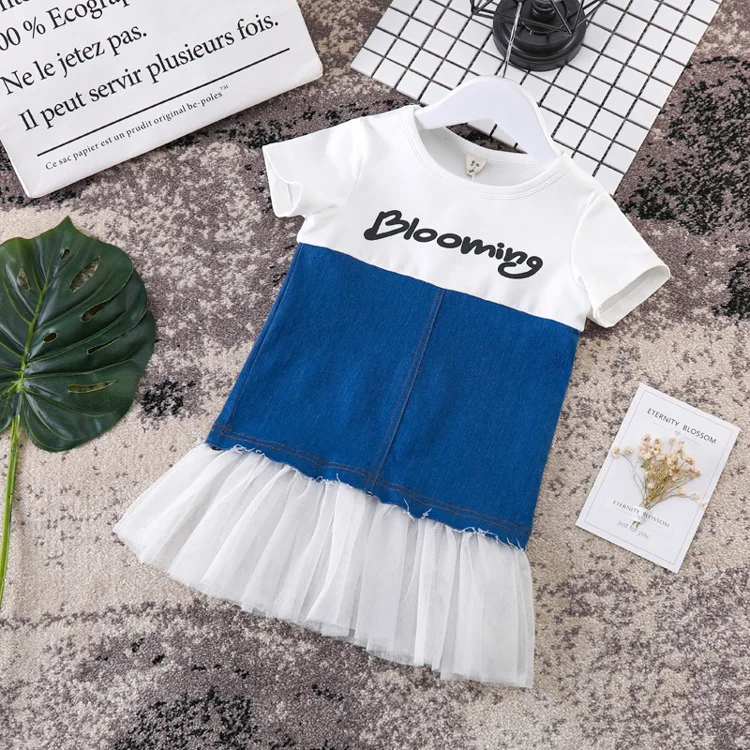 Girls summer 2018 new net yarn stitching girls cotton denim dress girl princess | Детская одежда и обувь