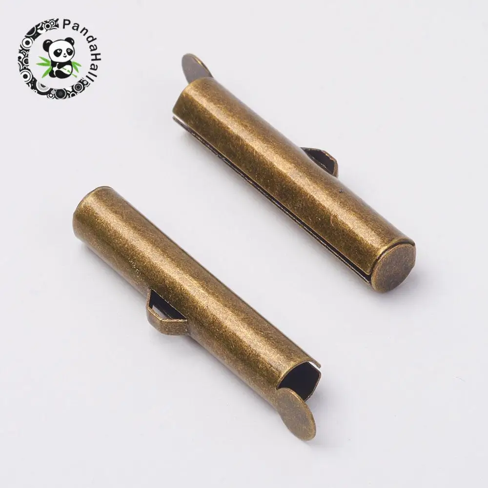 Brass Slide On End Clasp Tubes, Slider End Caps, Antique Bronze, 26x5mm, Hole: 1~2mm
