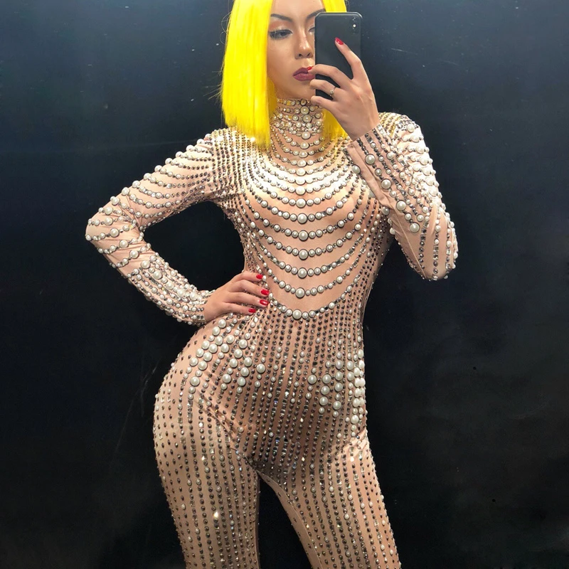 

Rhinestones Sparkly Jumpsuit Fashion Nightclub Nude Big Stretch Dance Costume Bodysuit Birthday Outfit Party Leggings DN2243