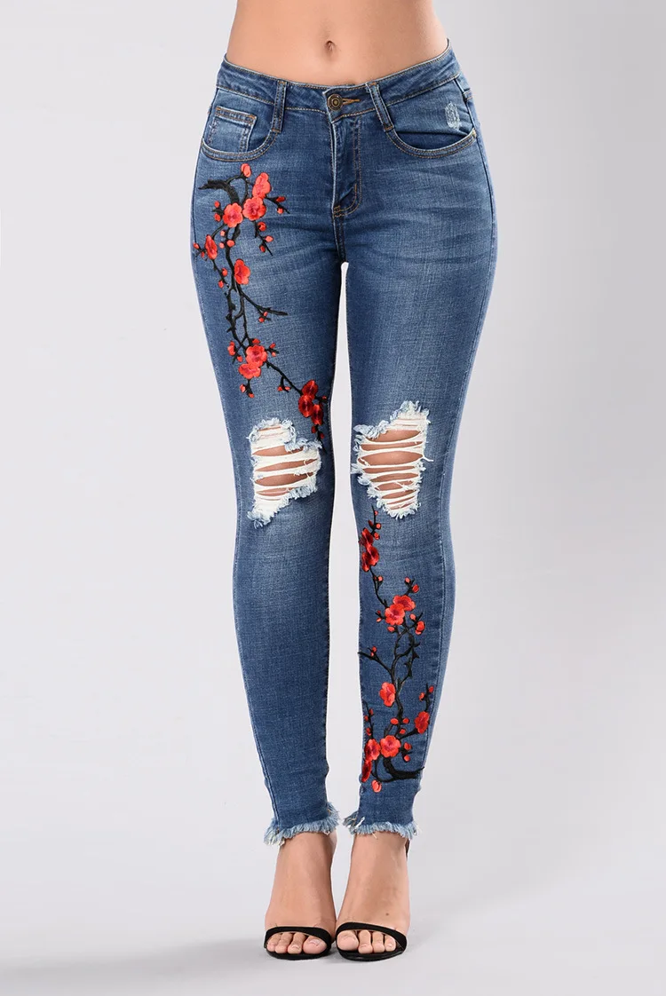 

Blue Jeans Female 2018 Pencil Pants with Embroidery Ripped Jeans for Women Denim Freddy Pants Torn Trousers Skinny Jeans Fashion