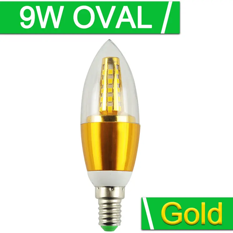 Golden 9W Oval E14 Светодиодный светильник, 7 Вт, 9 Вт, 12 Вт, светодиодный светильник в форме свечи, E14, 220 В, 240 в, золотой, серебряный, холодный белый, теплый белый, Lumiere Lampara - Испускаемый цвет: Golden 9W Oval