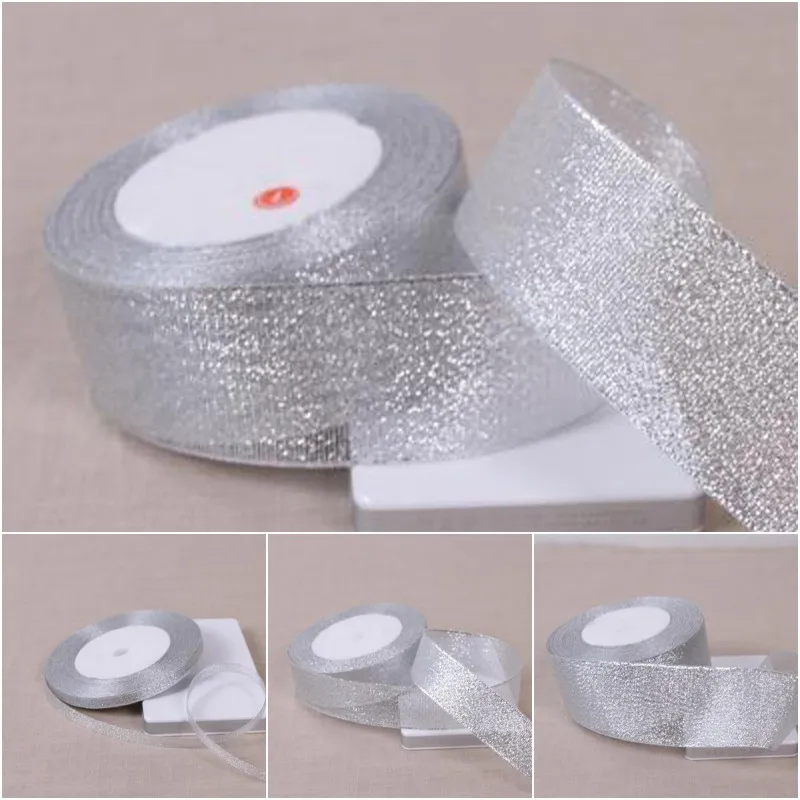 Серебряная полиэфирная лента 1 рулон 25 ярдов рождественское свадебное украшение