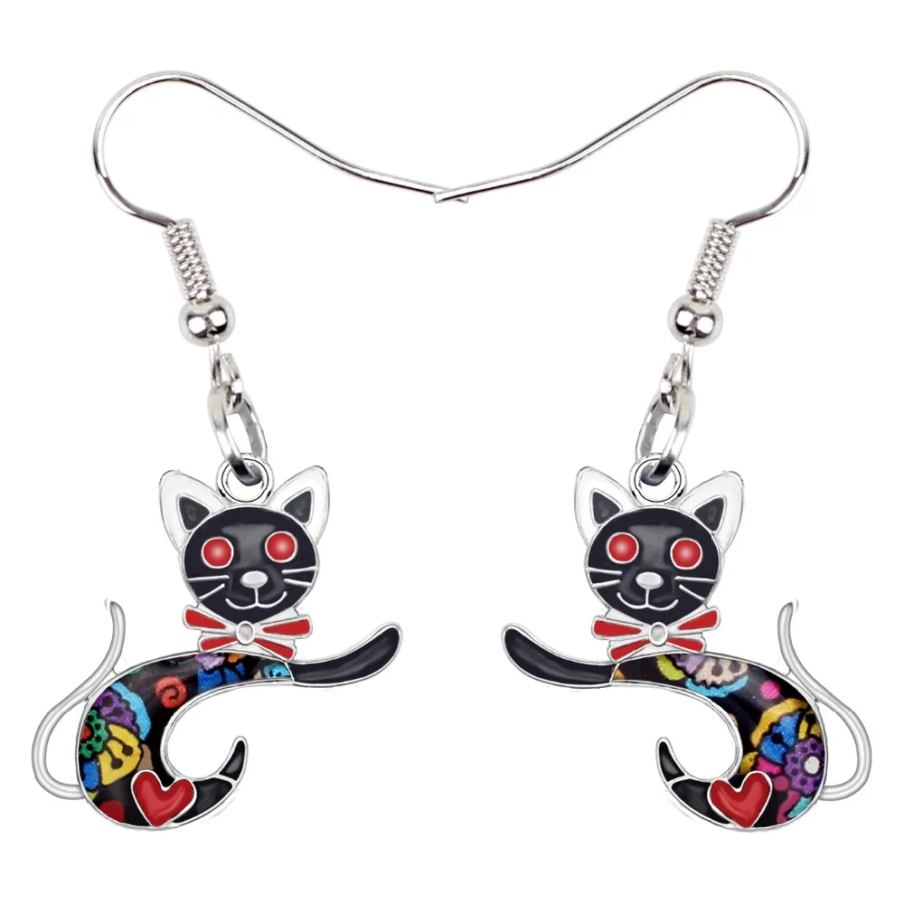 Женские серьги с эмалью Bonsny длинные серьги-кошечки в виде мультяшного котенка