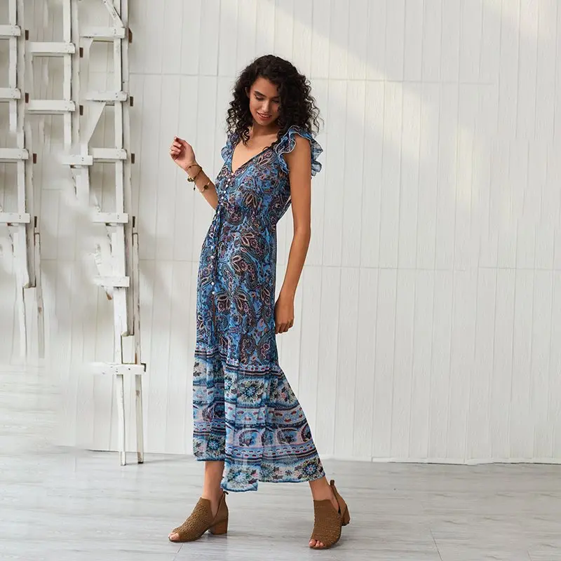 Летнее макси платье с цветочным принтом для женщин шикарный сарафан в стиле бохо