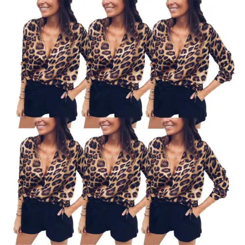 Женская леопардовая рубашка с длинным рукавом и V образным вырезом|Блузки| |
