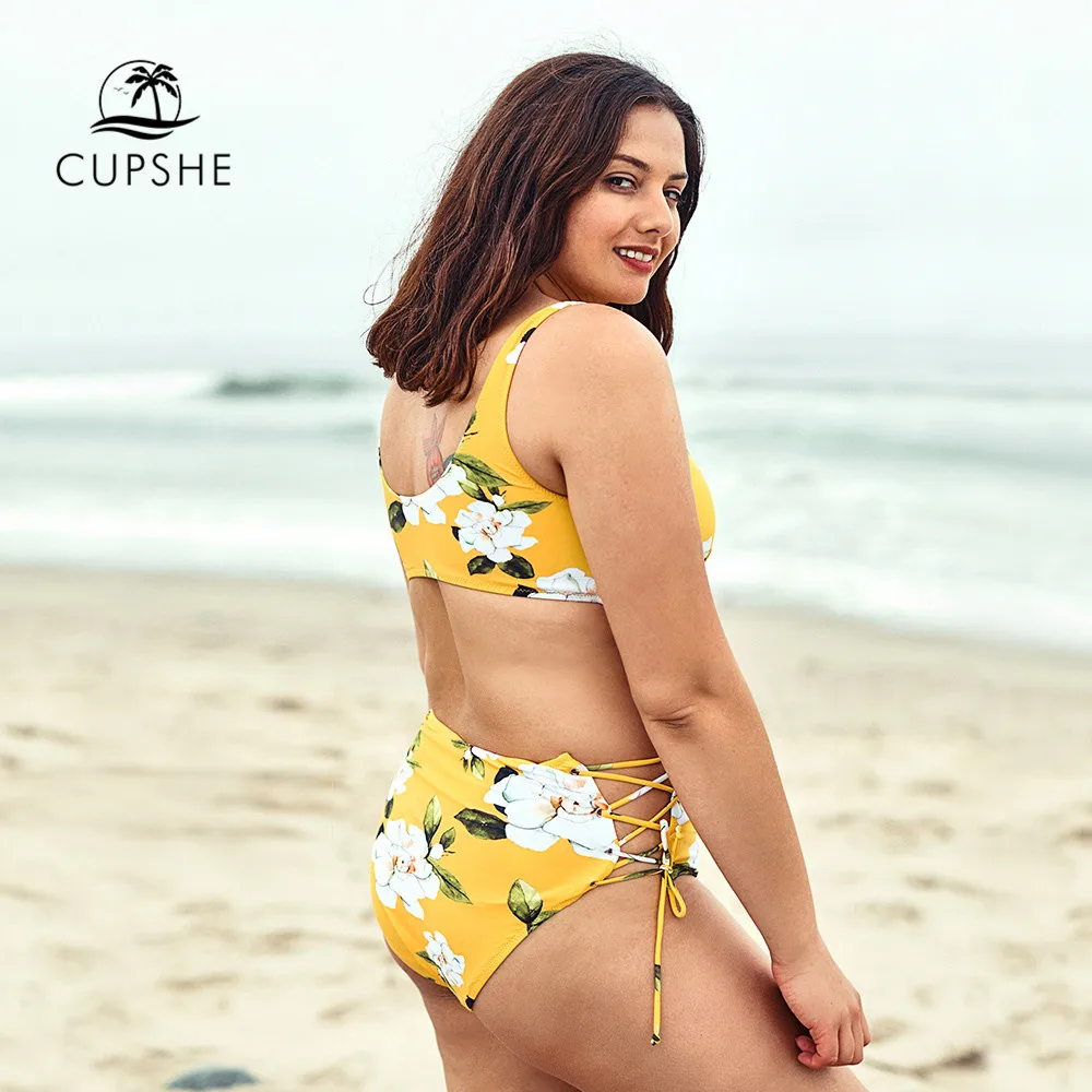 CUPSHE/большие размеры Желтые женские комплекты бикини со шнуровкой и цветочным
