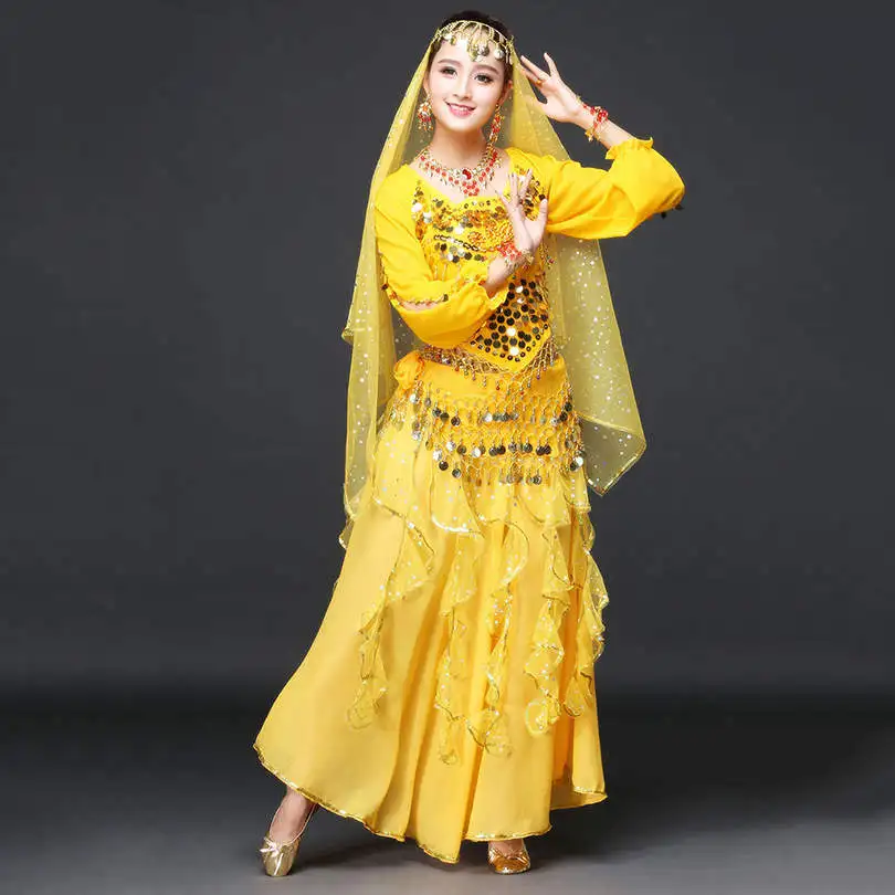 yellow long sleeves Женская танцевальная одежда сари набор костюма для танца живота Индийские танцы Болливуд костюм(набор включает топ, пояс, юбку и вуаль - Цвет: yellow long sleeves