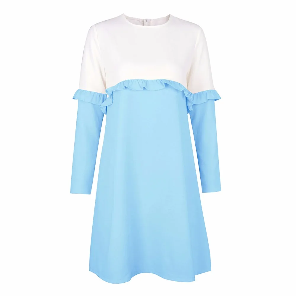 Осень Для женщин 3 цвета женские лоскутные оборками длинный рукав платье большой