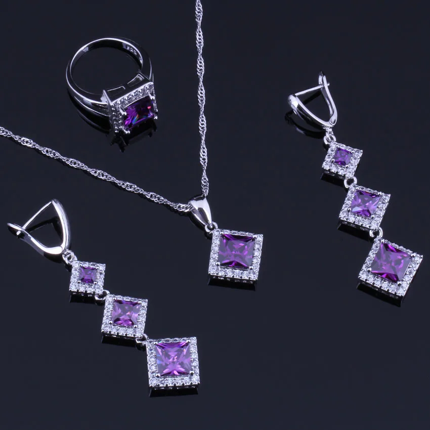 

Majestic Square Purple Cubic Zirconia White CZ Silver Plated Jewelry Sets Earrings Pendant Chain Ring V0258