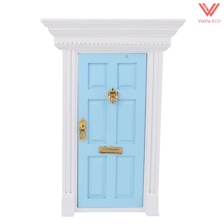 

oMoToys 1:12 Dollhouse Luxury Wooden Blue Exterior Door 6 Panel with Frame and Key for Miniature Doll Home Decorations
