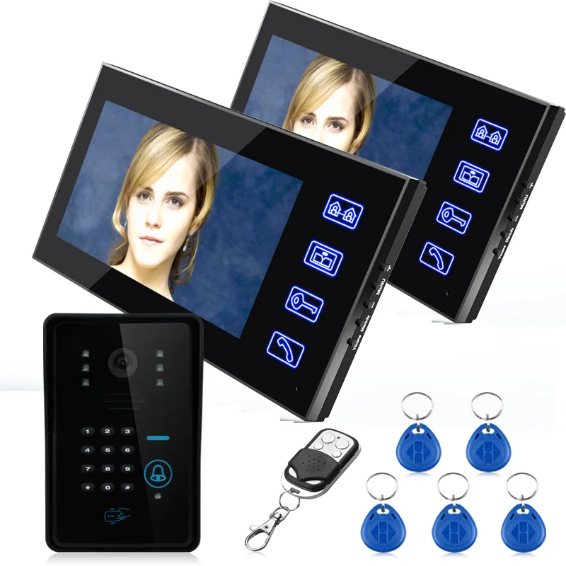 

7" TFT Two Monitors RFID Password Video Door Phone Intercom Doorbell With IR Camera 1000 TV Line Remote Access Control System