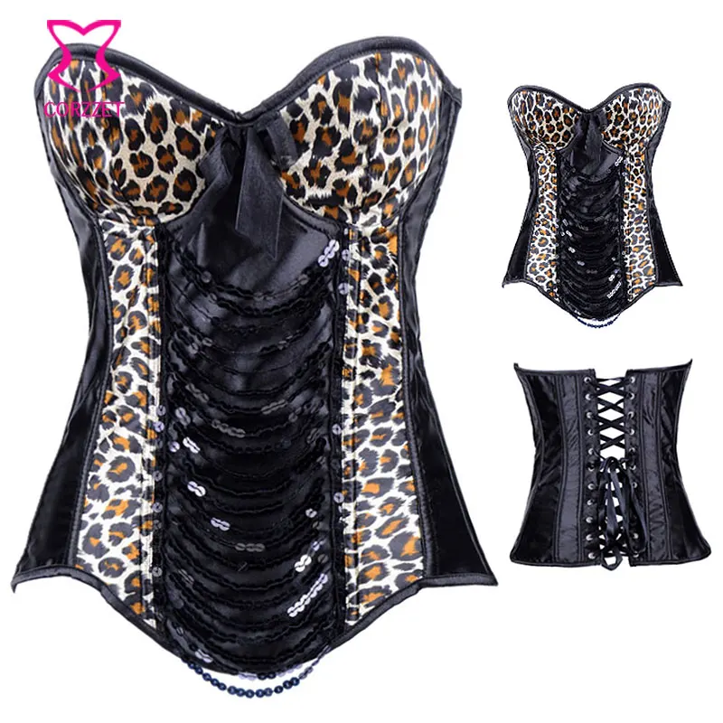 Коричневый/черный леопардовый корсет с пайетками Готический Бюстье пуш-ап
