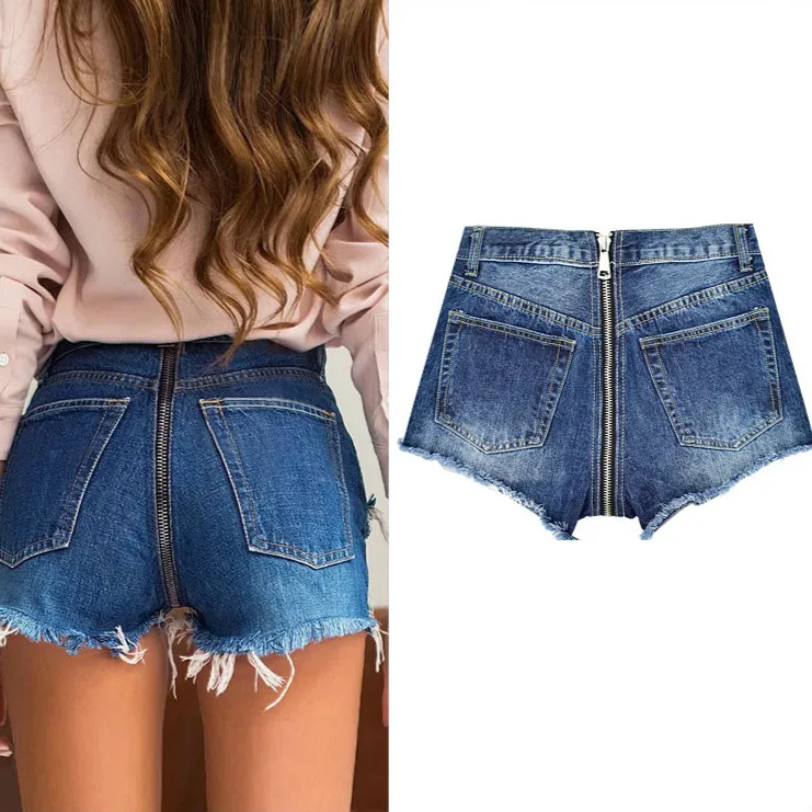 Женские джинсовые шорты LOGAMI рваные с высокой талией и молнией сзади летние из