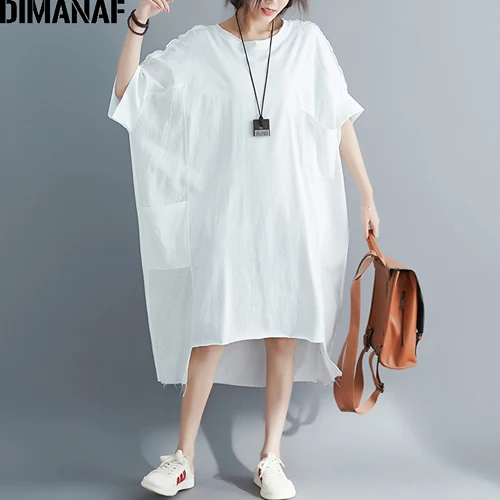 Yi98121CN-bai DIMANAF женское платье большого размера, хлопковое женское платье Vestidos, свободное повседневное женское платье, одноцветное летнее платье - Цвет: Yi98121CN-bai