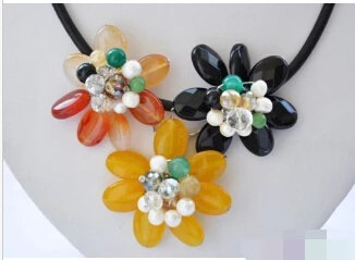 Free Shipping&gt&gt&gtHandmade 18&quot red black yellow agate flower leather chain necklace | Украшения и аксессуары