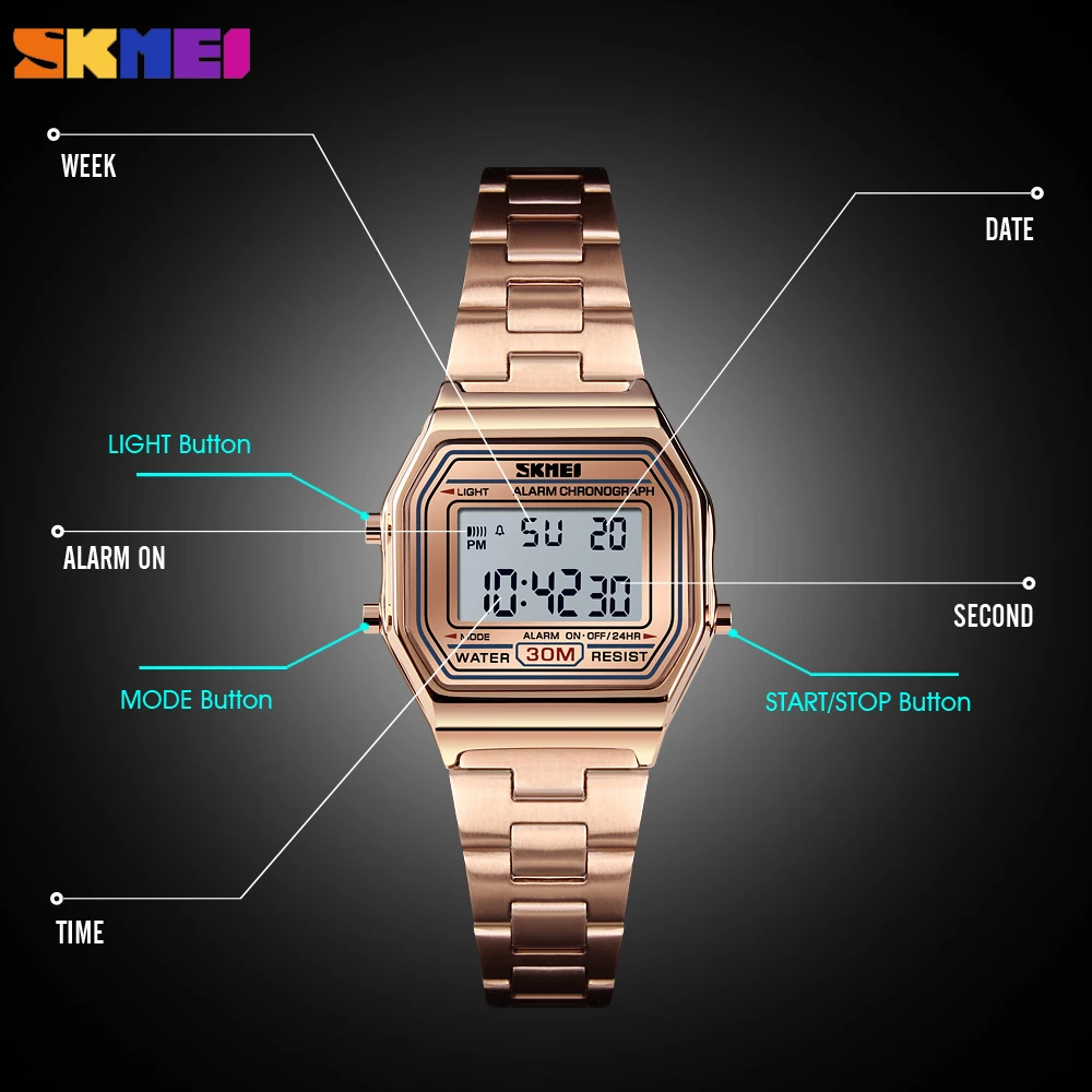 

SKMEI Fashion Luxury Casual Women Watch Top Digital Sport Waterproof Ladies Watch Stainless Steel Female Clock Relogio Feminino