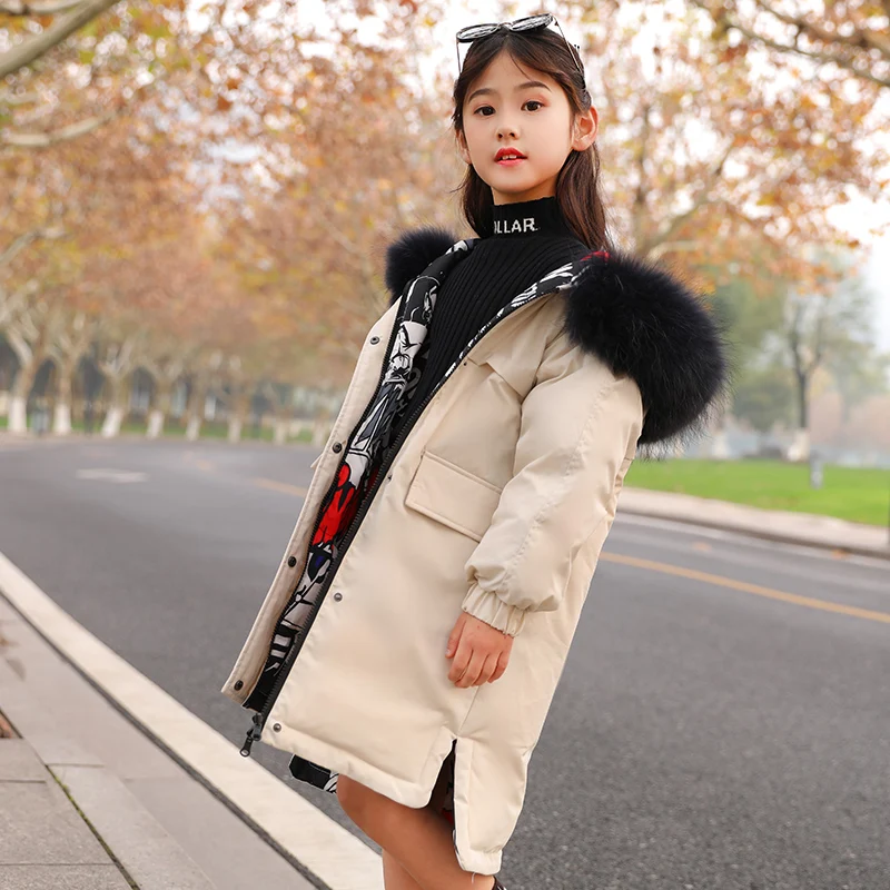 Двусторонние зимние пуховые куртки для девочек модные детские теплые парки с